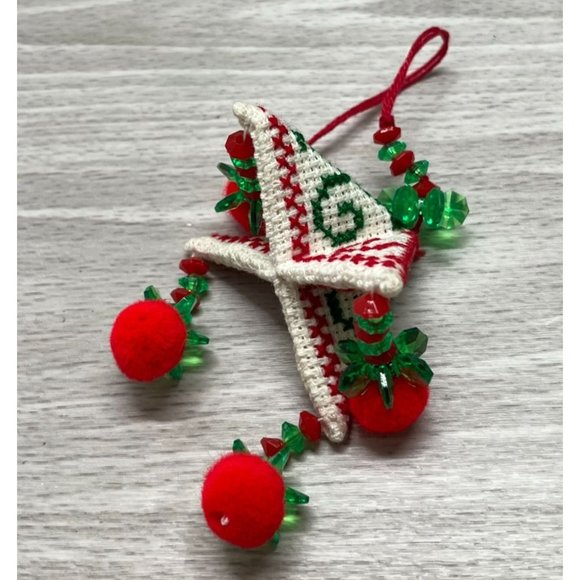 Vintage Christmas Tree Ornament Cross Stitch Triangular Pyramid Handmade 3 Inch - Picture 5 of 5